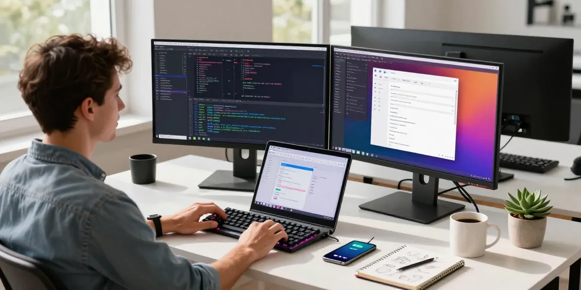 Pengembang perangkat lunak menggunakan SGA33 dengan laptop, komputer, dan catatan di ruang kerja modern.