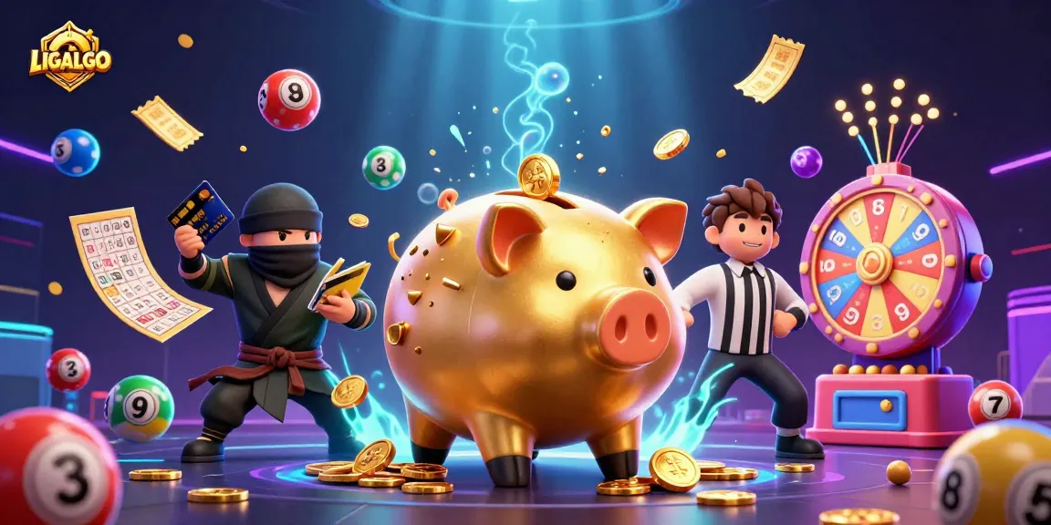 LIGALGO brings excitement as a giant golden piggy bank sumo wrestler shakes loose coins in a vibrant casino scene.