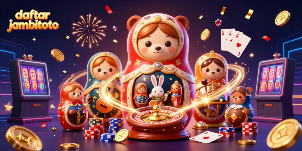 Experience the thrill of daftar jambitoto with colorful characters and casino elements in this vibrant 3D scene.