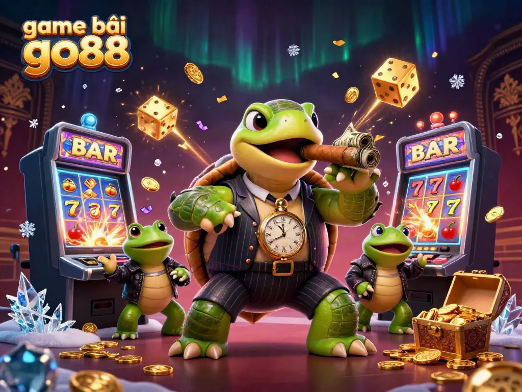 Engage with game bài go88 in a vibrant scene featuring a money chomping turtle and casino elements.