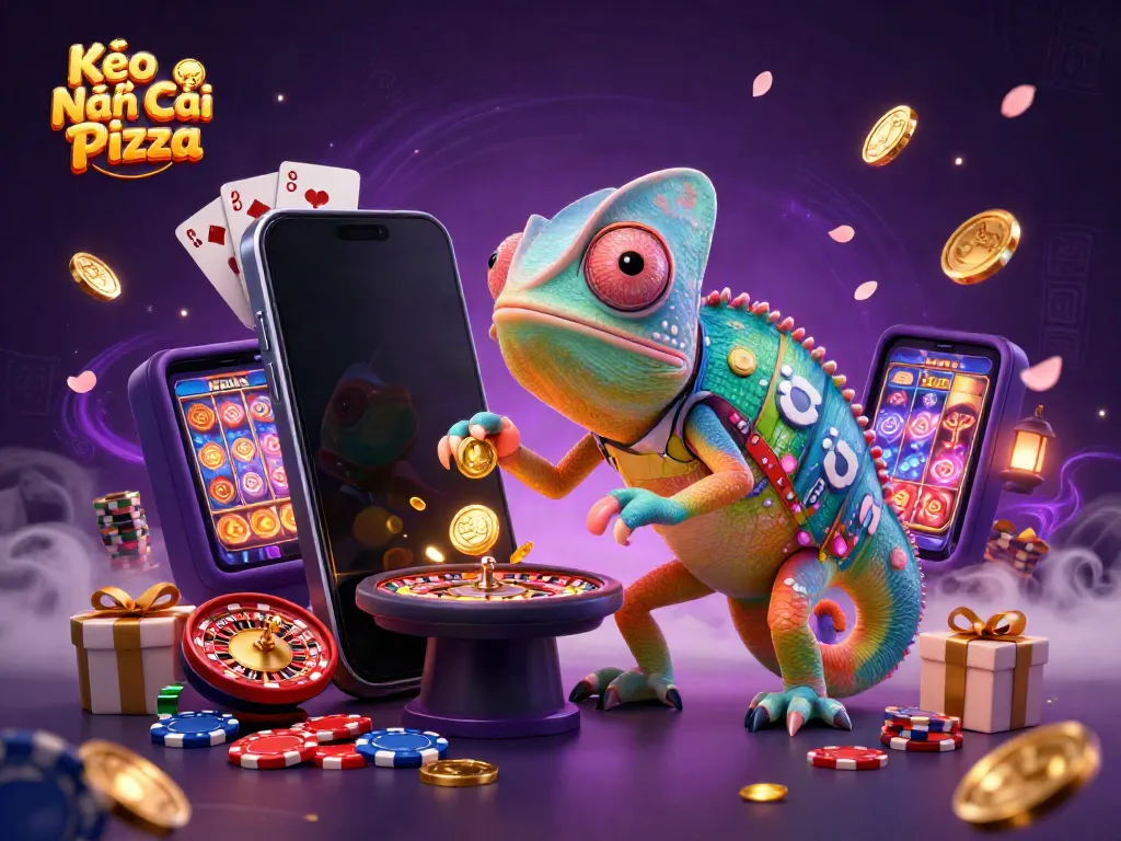 Kèo Nhà Cái Pizza illustrates an energetic casino scene with a vibrant chameleon owner and dynamic gaming elements.