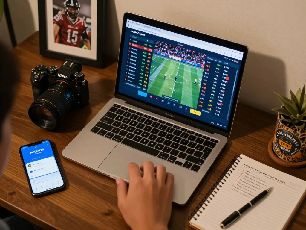 Engaging online sports betting scene featuring jangkar55 app interface on a laptop with betting odds.