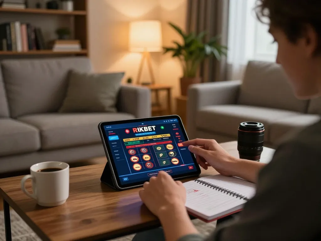 Engaging in online casino gaming at https://rikbet.global/ in a cozy home setting, with strategic notes and tablet.