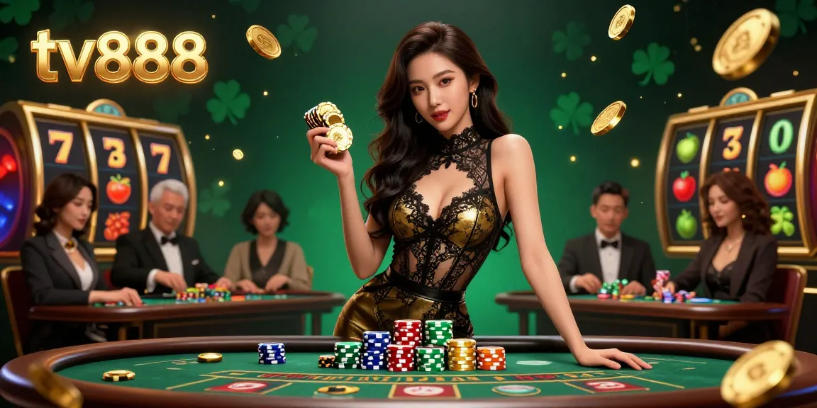Experience high-stakes baccarat action at tv888 with beautiful dealer, golden chips, and thrilling wins.