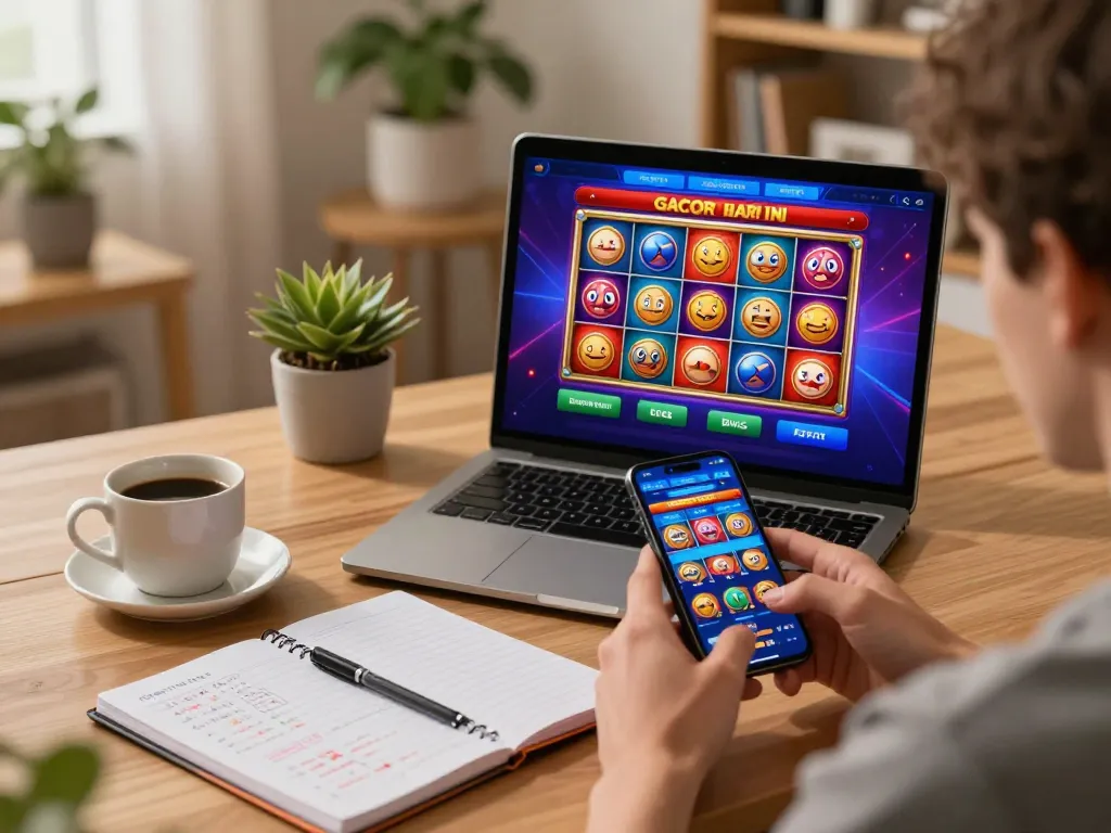 Permainan menarik di mobile menunjukkan slot gacor hari ini di setting rumah yang nyaman, menyoroti permainan yang bertanggung jawab.