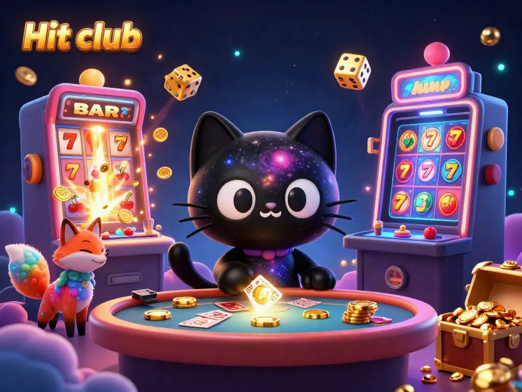 Hit club cosmic casino scene with digital characters pulling in chips amidst vibrant gambling elements.