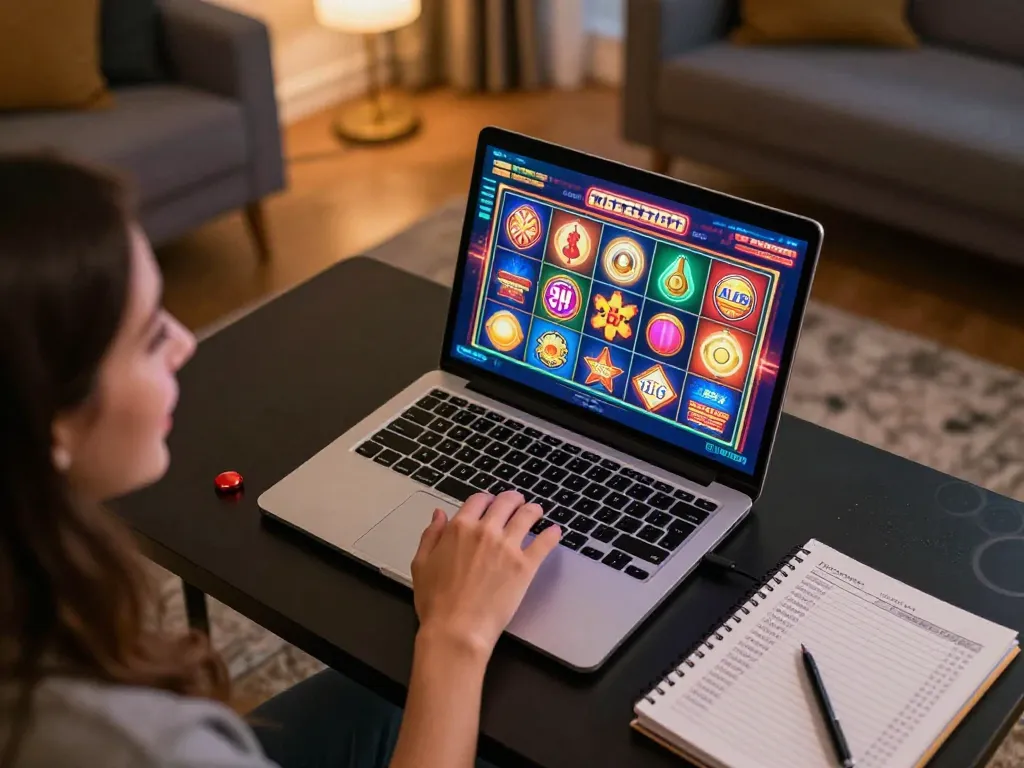 Pemain yang terlibat menikmati slot online di rumah dengan OKESLOT di layar, menampilkan manajemen bankroll.