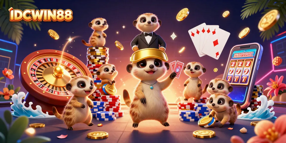 Experience thrilling casino action with IDCWIN88's dynamic meerkat illustration, showcasing gaming excitement.