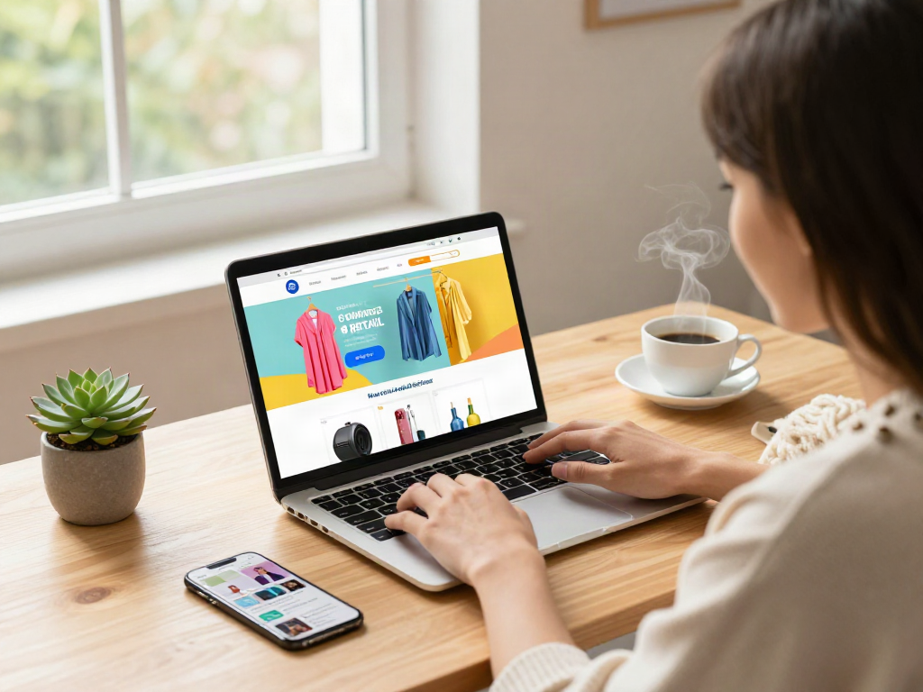 Explore bro138 link alternatif in a stylish home office while shopping online, featuring vibrant e-commerce products and an engaging atmosphere.