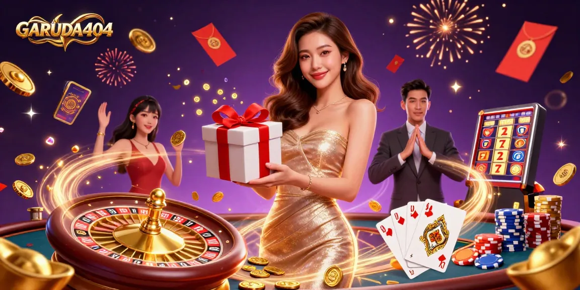 Experience winning excitement at GARUDA404 with captivating casino illustrations and festive elements.
