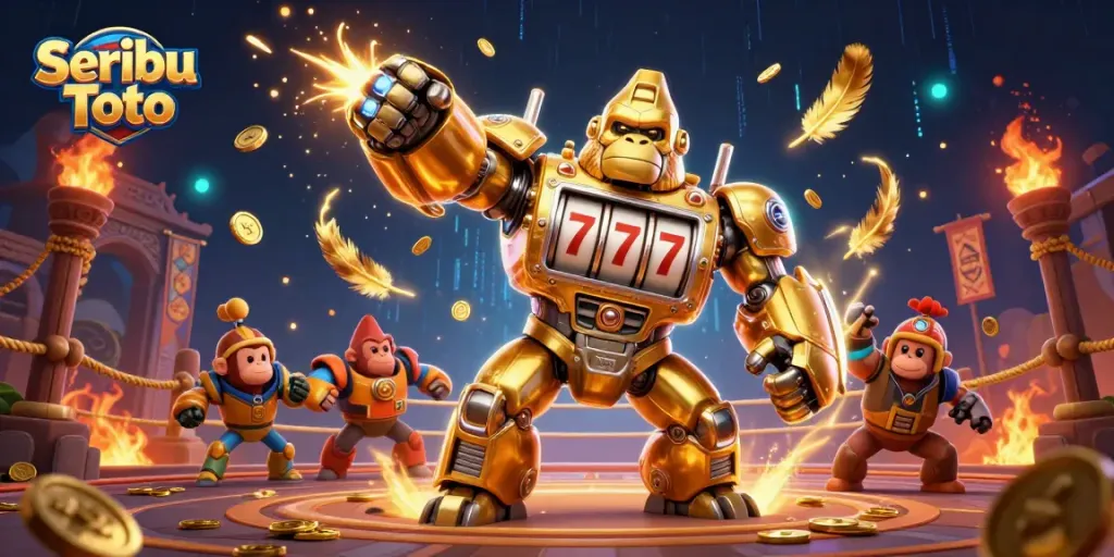 Spin big wins with Seribu Toto's thrilling 3D slot machine action in a vibrant casino scene.