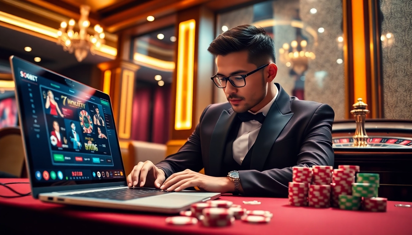 Engaging scene showcasing sbobet login terbaru on a laptop amidst elegant poker chips and a roulette wheel.