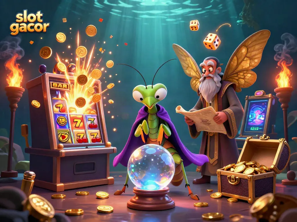 Experience excitement with slot gacor as mystical characters reveal casino fortunes in a vibrant scene.