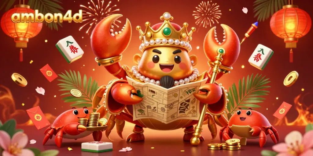 Engage in thrilling gaming at ambon4d with a lavish illustration featuring a golden crab emperor amidst vibrant casino elements.