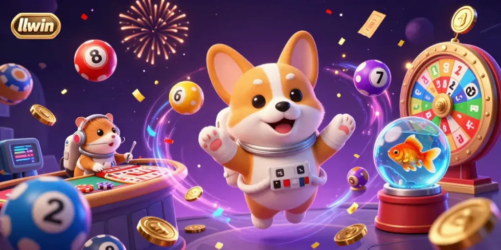 Experience exciting casino action with llwin featuring a floating astronaut corgi and vibrant gaming elements.