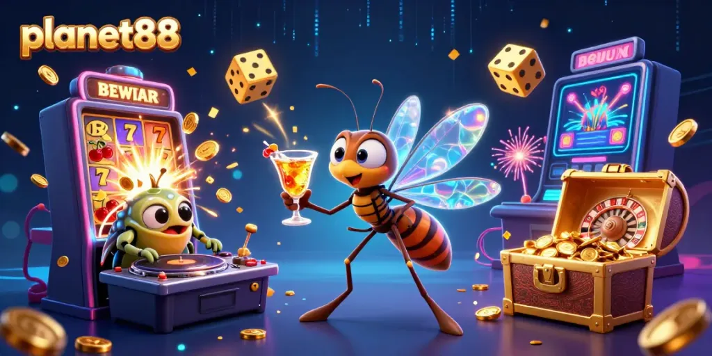 Experience the excitement of planet88 with a dynamic casino scene featuring unique characters and vibrant gaming elements.