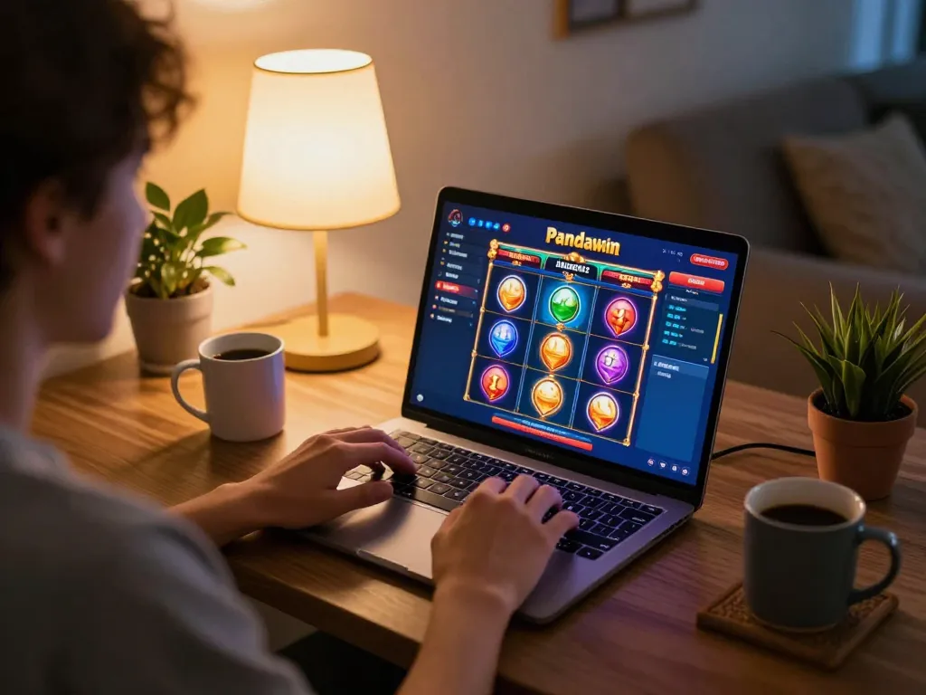 Permainan slot Pandawin dimainkan di laptop di rumah dengan suasana nyaman dan fokus strategis