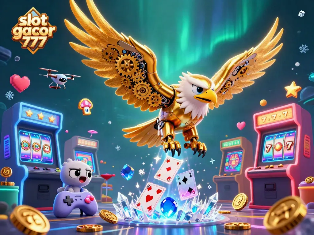 Slot gacor 777 menyajikan ilustrasi kartun 3D elang emas terbang di atas mesin slot, membawa keberuntungan.
