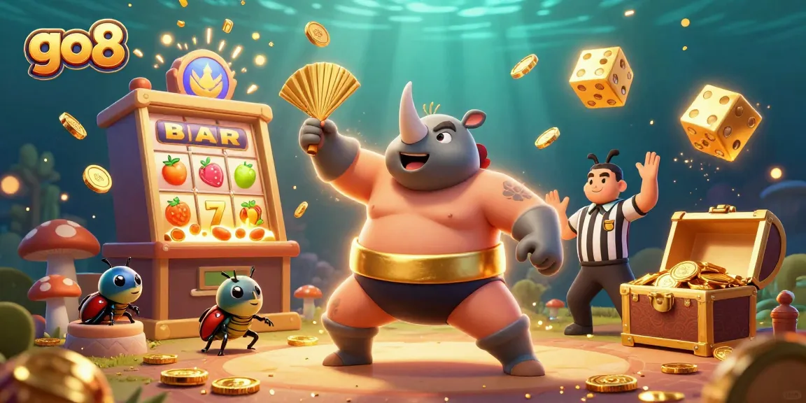 go8 players win big with a cartoon beetle champion surrounded by explosive casino elements