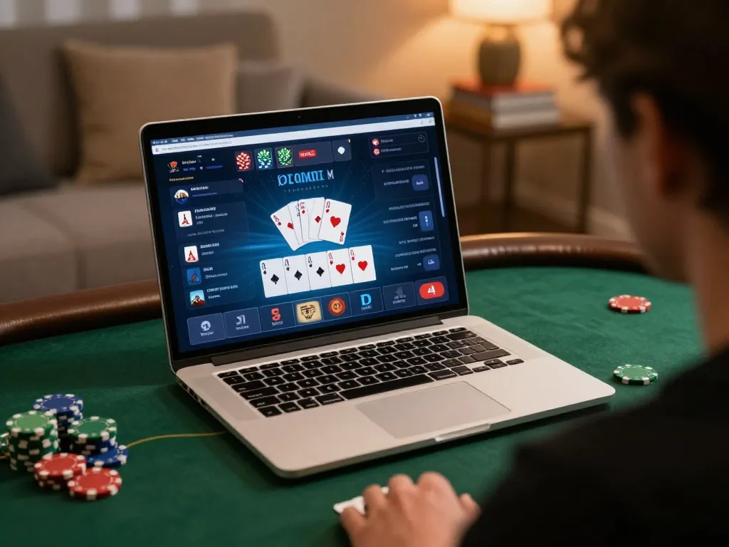 IDNSCORE player enjoying an intense poker game online with vibrant laptop interface and cozy home atmosphere.