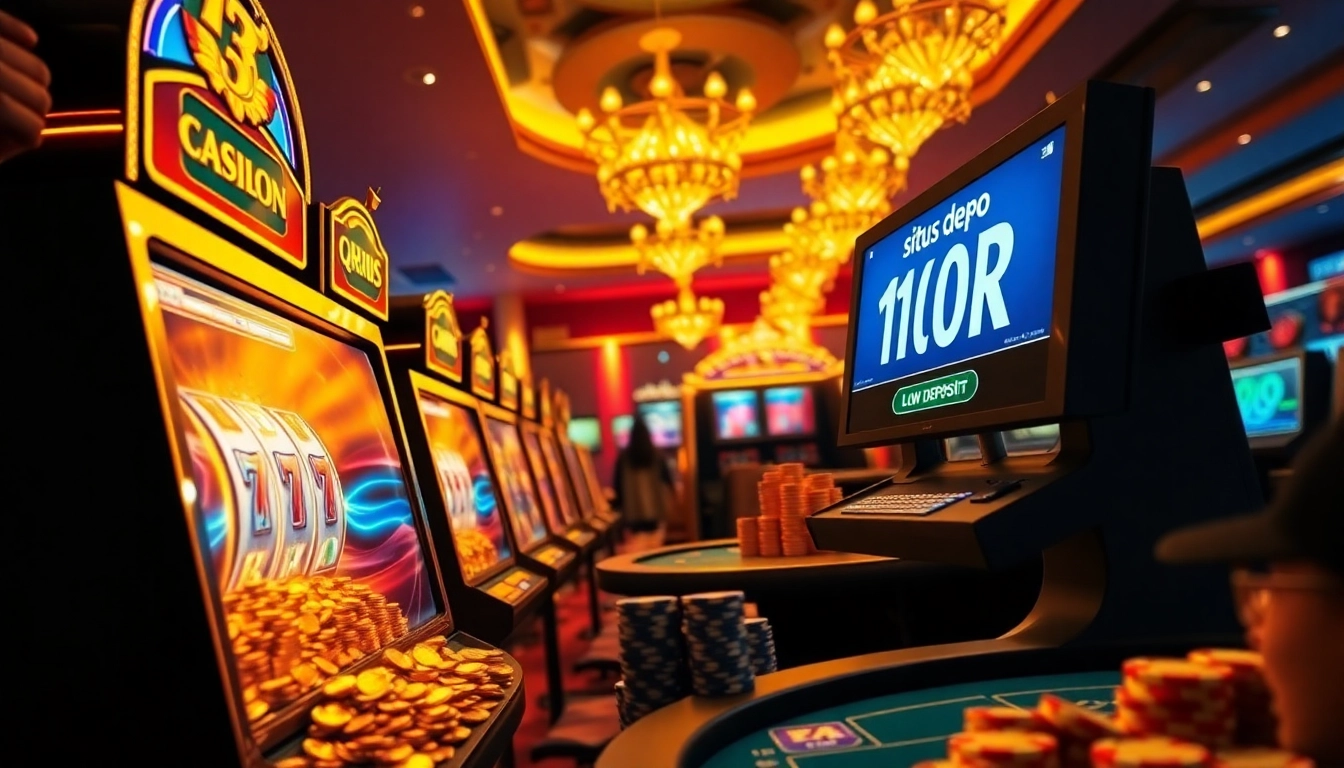 situs depo 10k showcase with players celebrating wins at luxurious slot machines and gaming tables