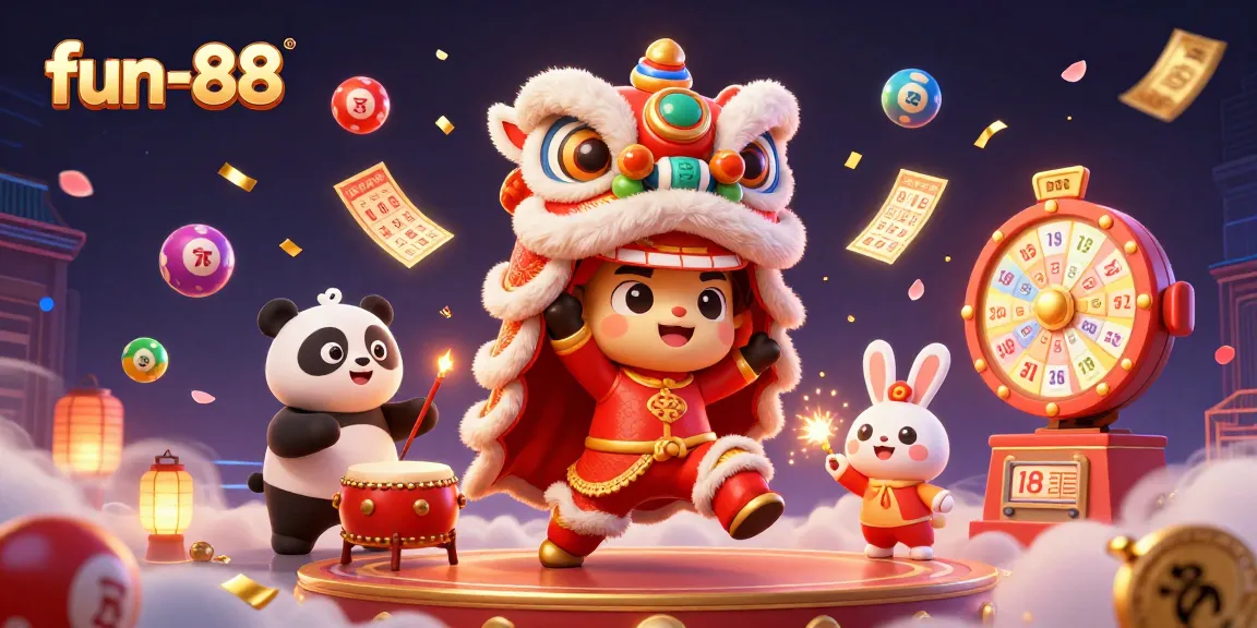 Experience fun-88 excitement with colorful lottery elements and lively characters in a dynamic casino scene.