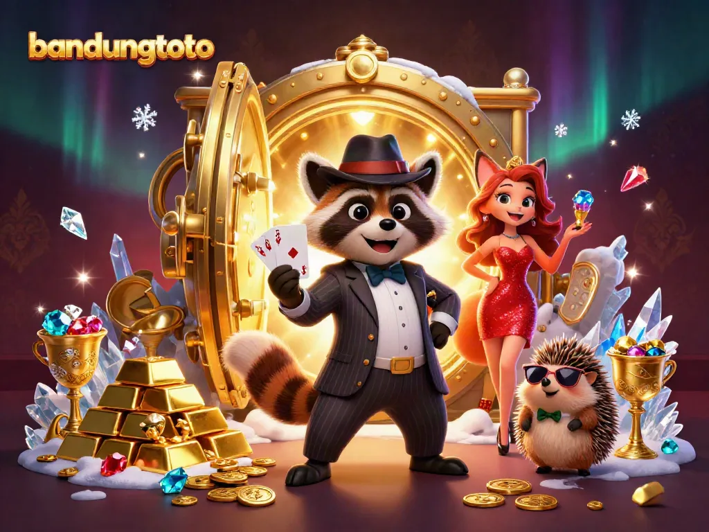 Bandungtoto scene with a suave raccoon, a glamorous fox, and a hedgehog bouncer surrounded by jewels and gold.