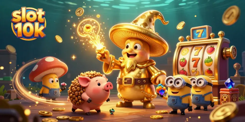 Slot 10k yang menarik dengan wizard emas dan simbol slot, menciptakan suasana bermain yang memikat.