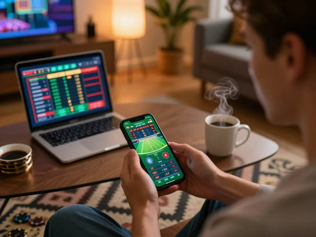 Kuwin player engaging with sports betting app while enjoying a cozy home environment.
