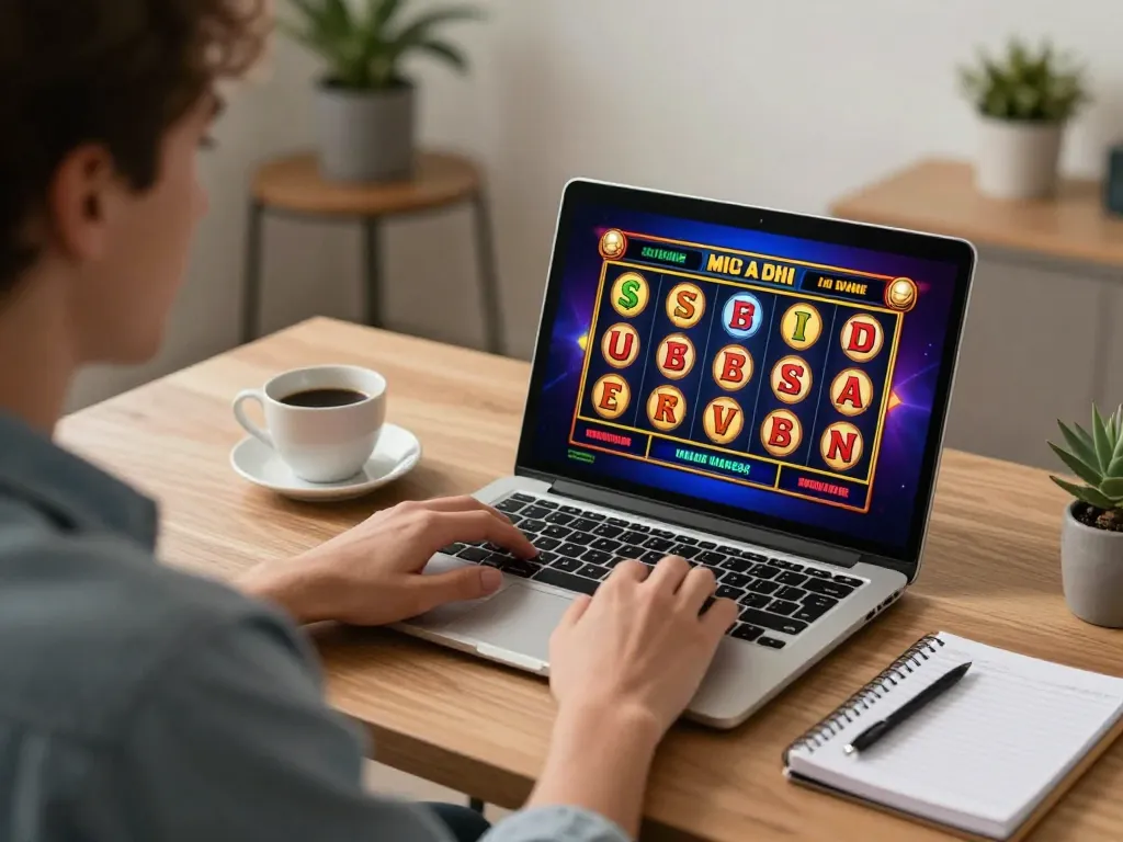 Engaging in online slots with qqalfa in a cozy home office setup, showcasing immersive gaming.
