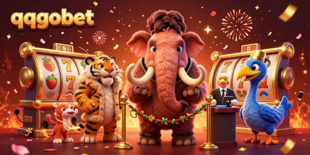 Mammoth, harimau saber dan burung dodo dalam suasana kasino qqgobet dengan slot dan koin keberuntungan.