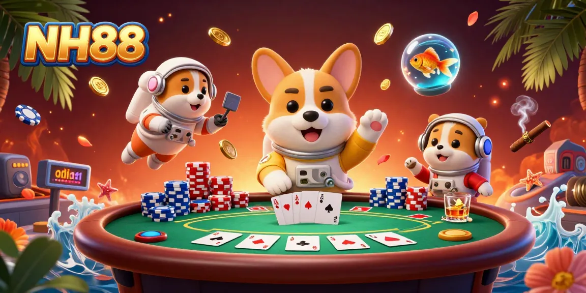 Experience thrilling gameplay at NH88's casino with colorful poker chips and friendly characters!