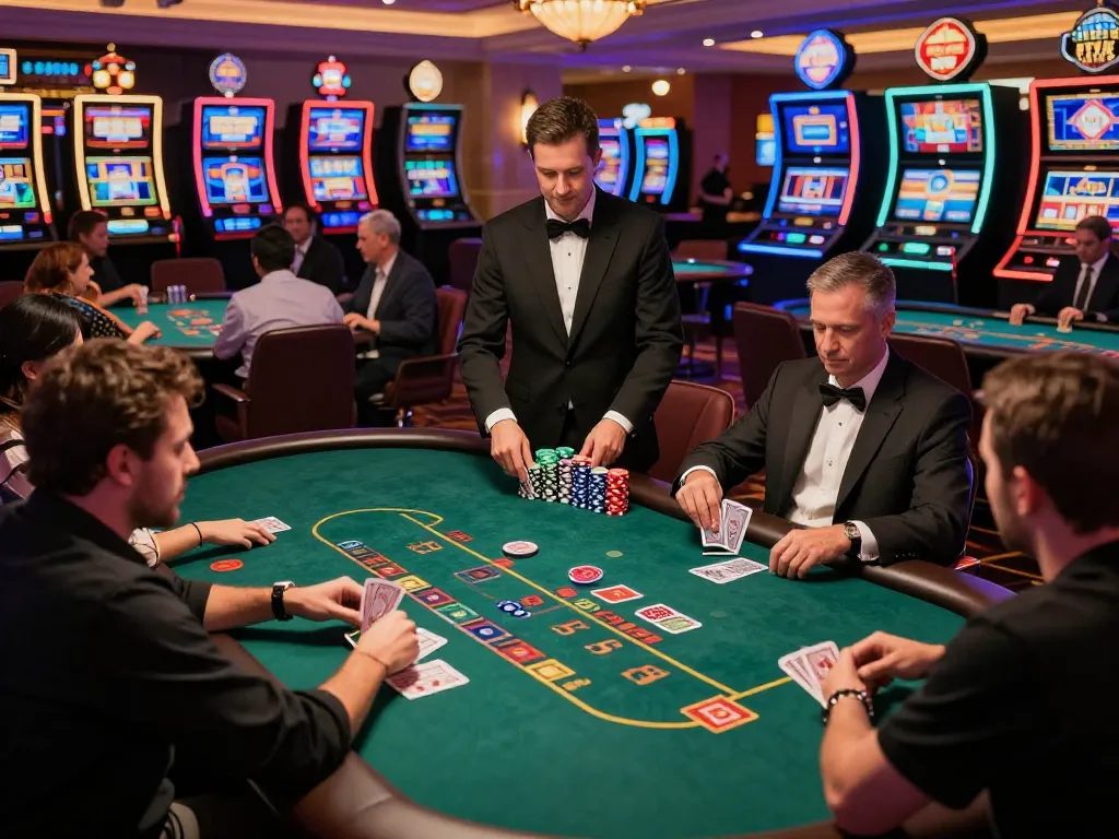 NoHu poker gameplay action in a lively casino with players and dealers.