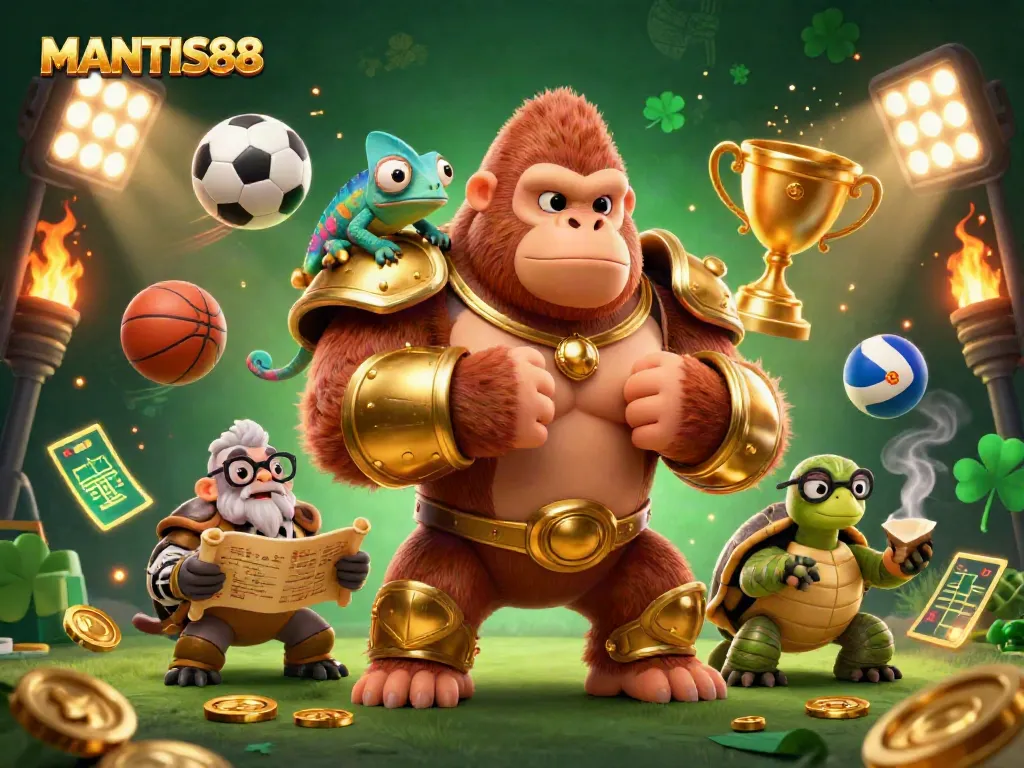 Engage with MANTIS88 as the gorilla king beats his chest amid dynamic sports elements and vibrant colors.