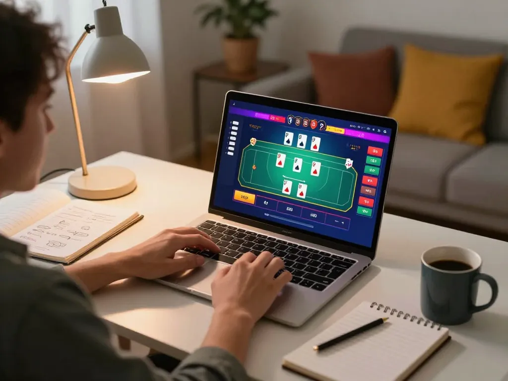 Player engaged in online poker showcasing keluaran sgp result on laptop in a cozy home setup.