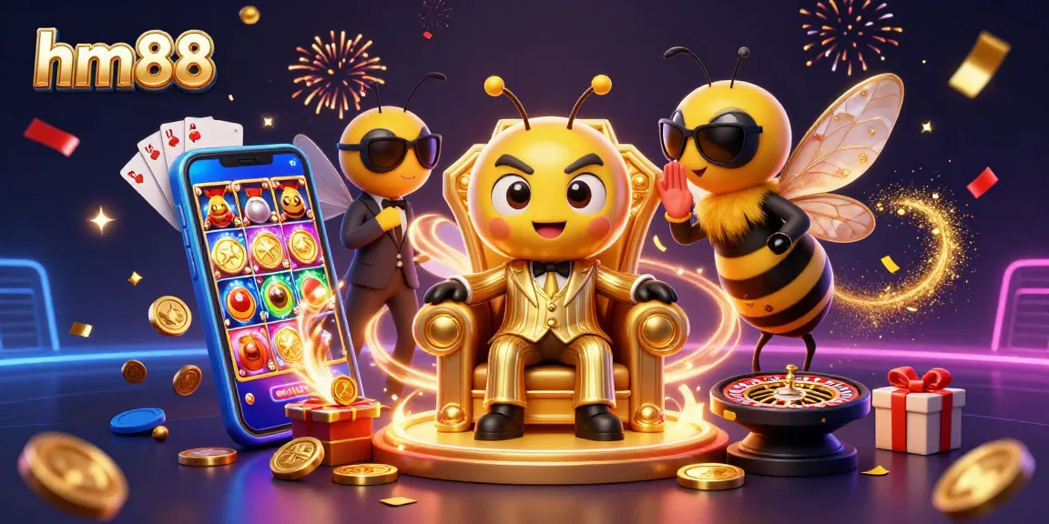 Experience the excitement of hm88 with a colorful casino illustration featuring games and golden rewards.