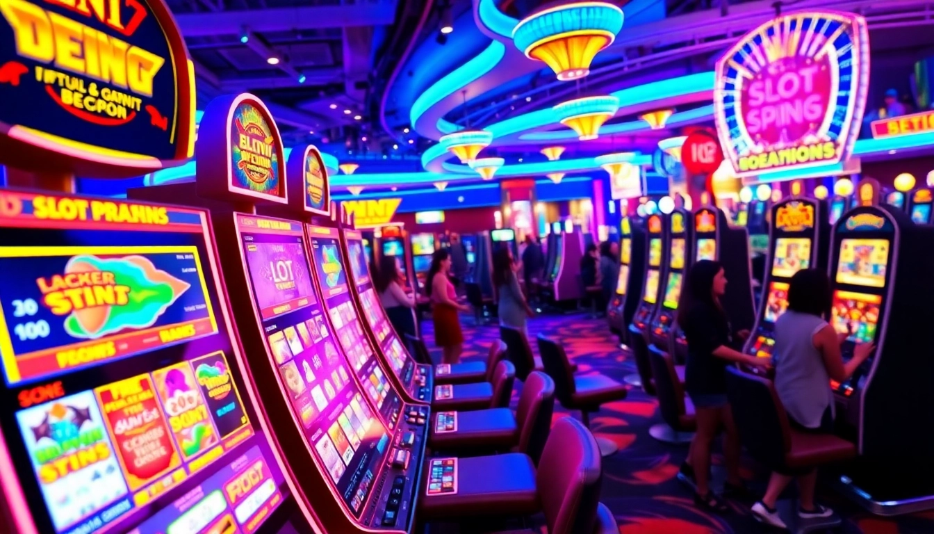 Slot demo pada mesin permainan kasino yang cerah dan penuh warna di venue hiburan.