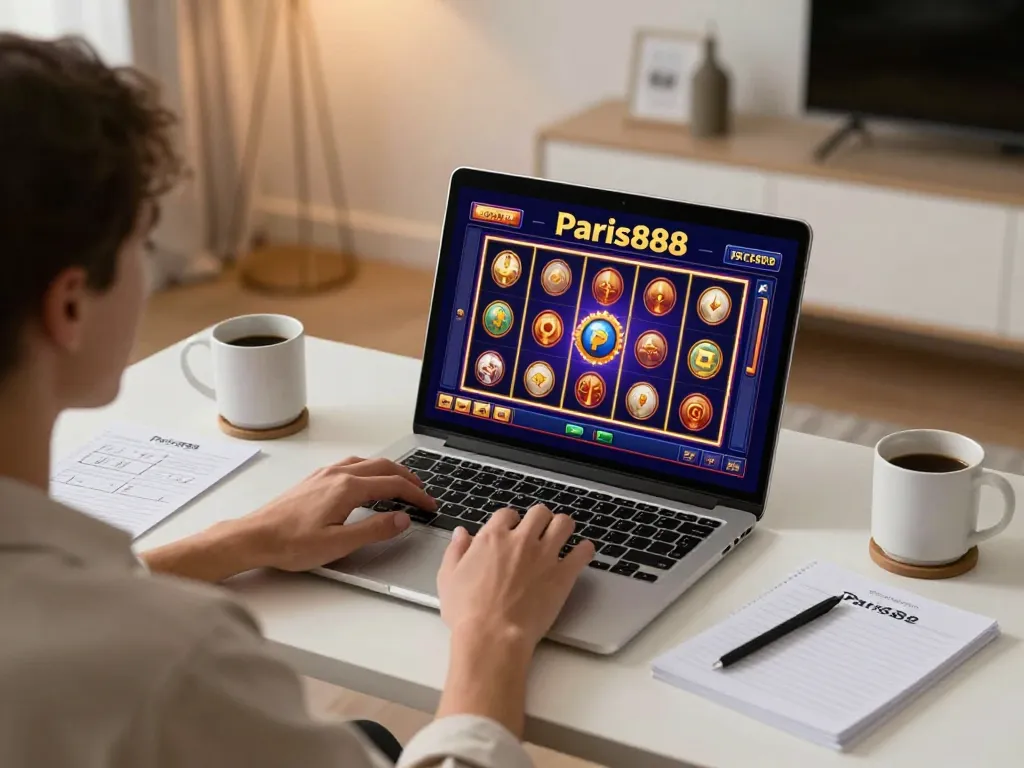 Playing slots on Paris888 using a laptop, showcasing a vibrant gaming interface and strategic notes.