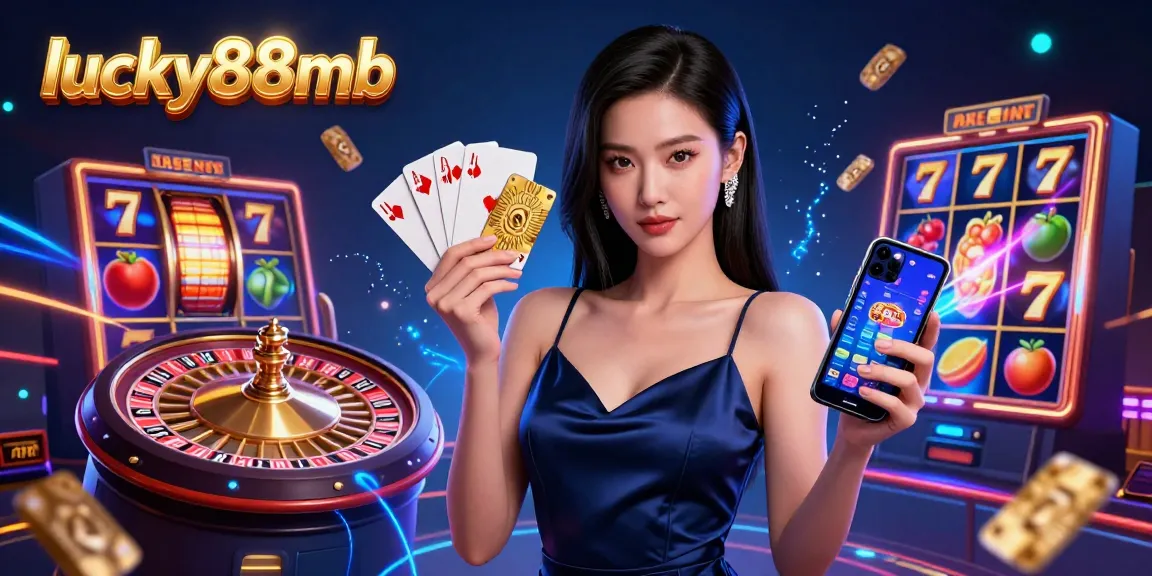 Spin to win with lucky88mb in this vibrant 3D casino illustration featuring a confident player and slots.
