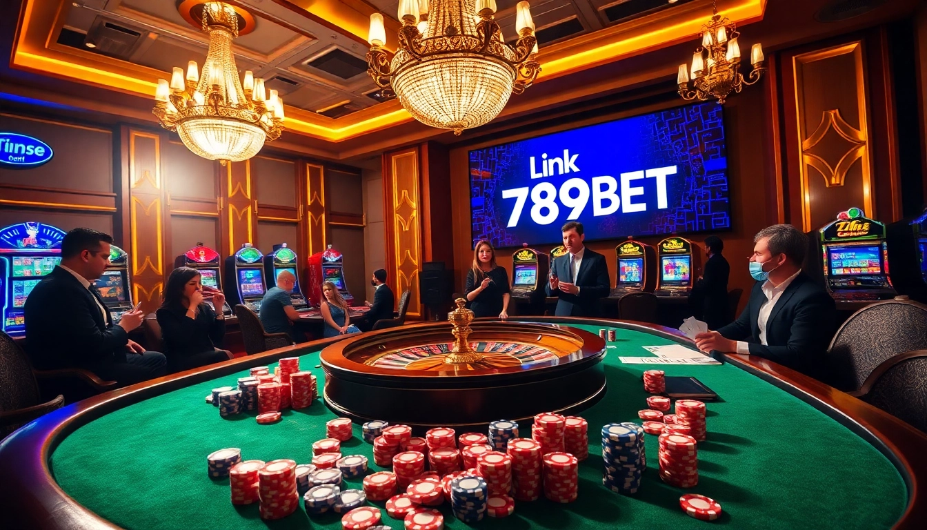 Experience the thrill of Link 789BET with players strategizing at a luxurious casino table.