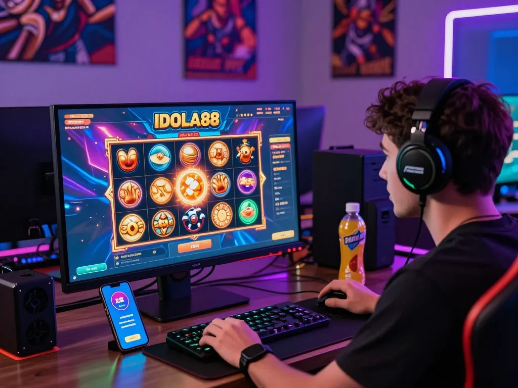IDOLA88 online gaming platform featuring vibrant slot game interface, engaged player at gaming setup.