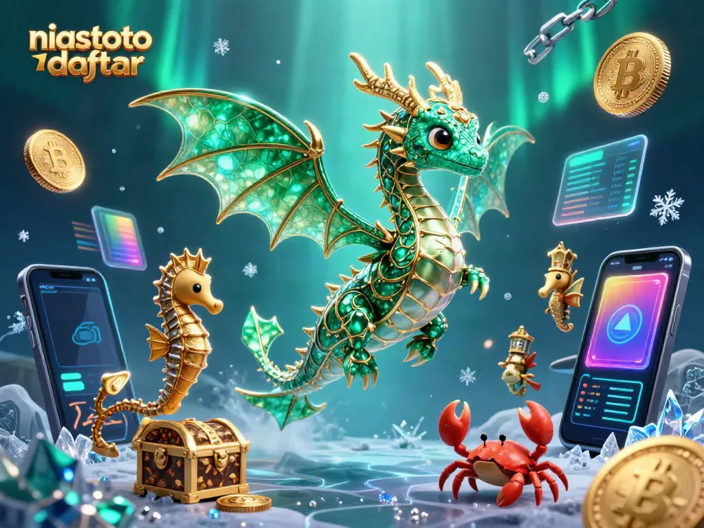 Ilustrasi kasino digital yang menampilkan niastoto daftar dengan naga laut 3D dan elemen kripto