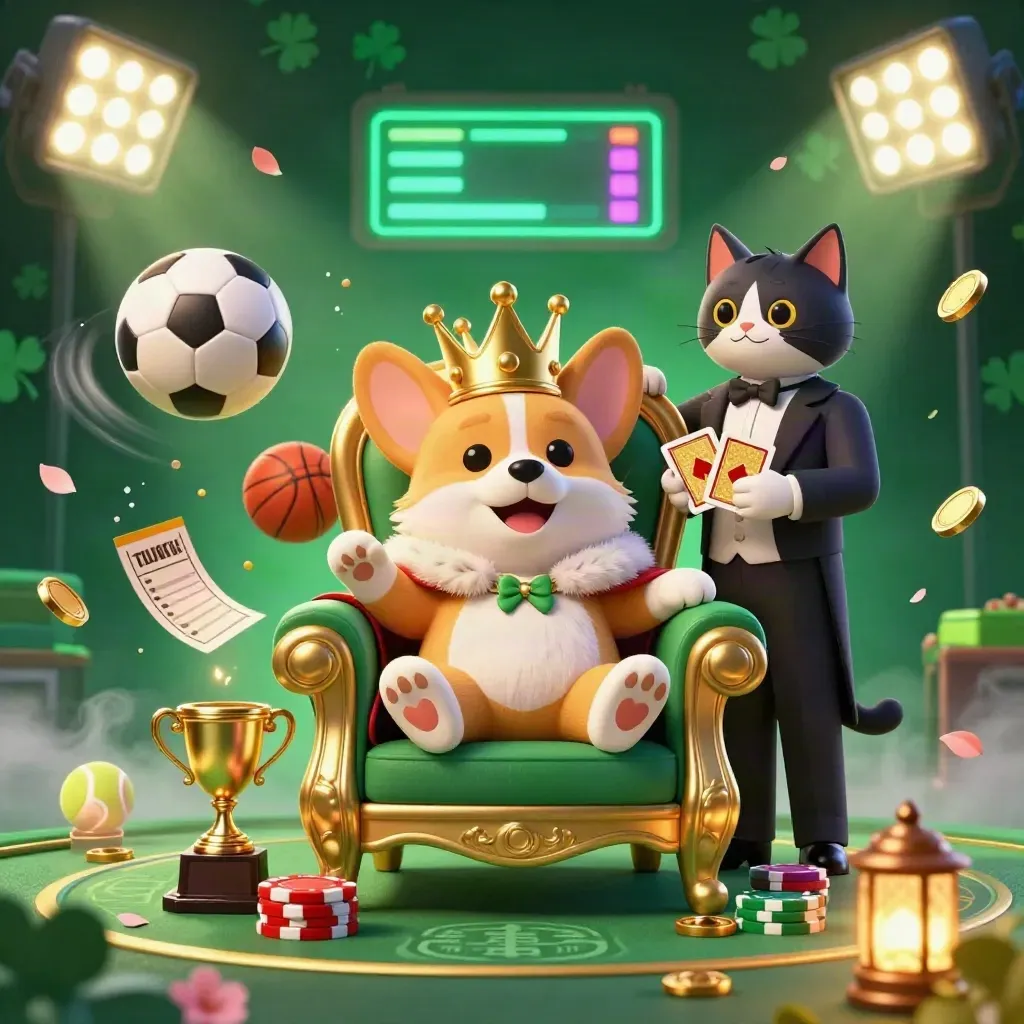 Korgi raja dan butler kucing di kasino hijau zamrud, bola olahraga dan emas beterbangan.
