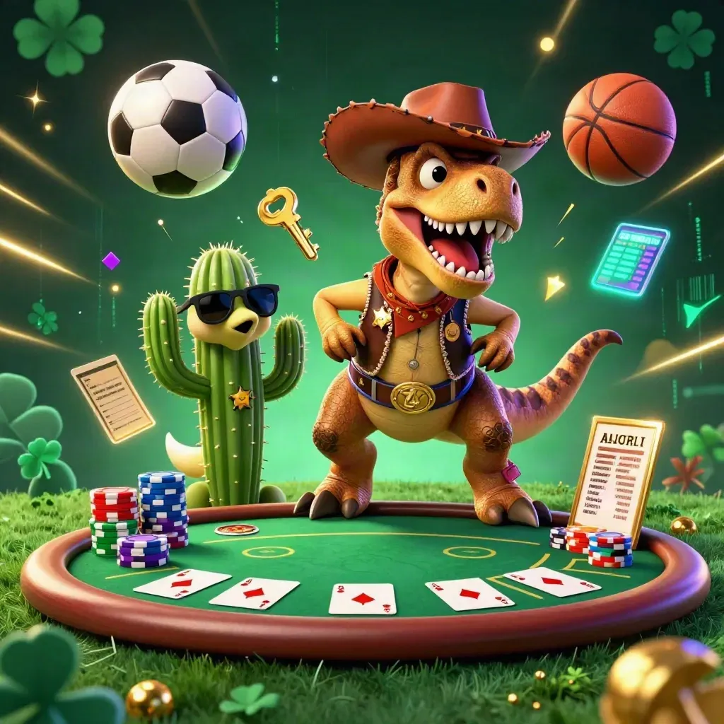 T-Rex koboi, kaktus, dan roadrunner di adegan kasino-sport neon dengan bola dan chip