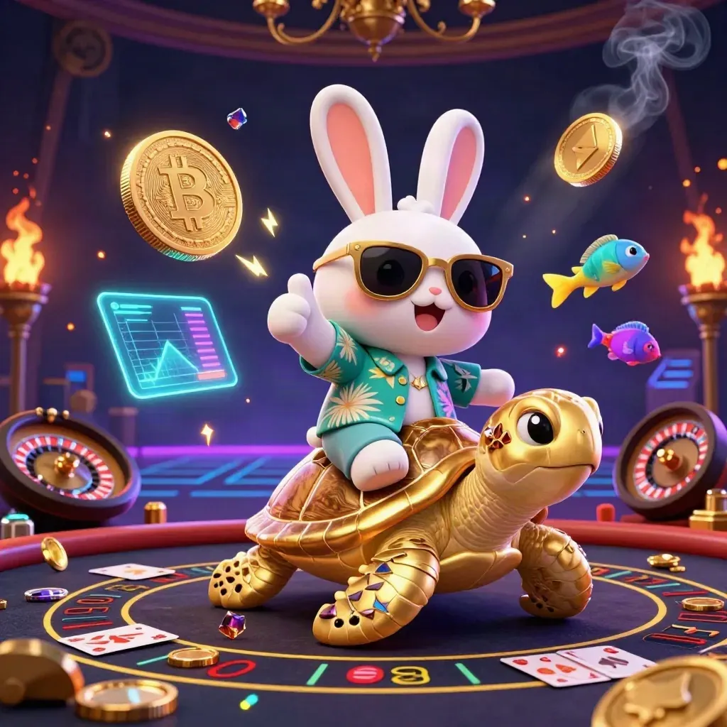 Kelinci lucu menunggang kura-kura emas di kasino neon dengan koin kripto dan kilau mewah.