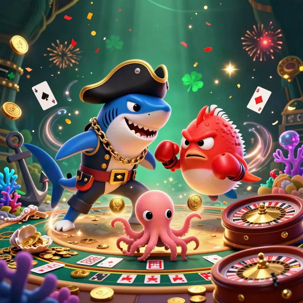 Hiu bajak laut, ikan buntal, dan gurita bayi di cove harta karun neon.