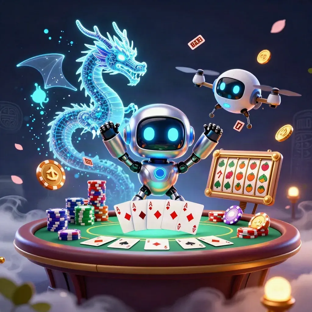 Robot cyberpunk, naga AI holografik, dan drone koin di meja poker dengan ledakan harta neon.