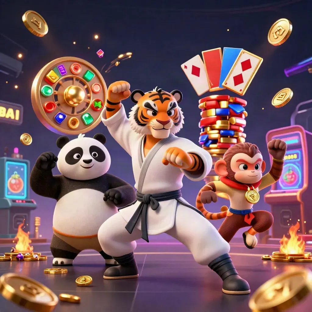 Harimau kung-fu, panda, dan monyet di tengah ledakan koin, permata, dan neon kasino.
