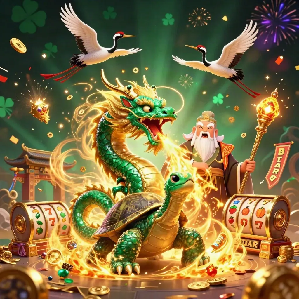 Naga jade, kura-kura bijak, dan dua bangau dikelilingi emas, permata, dan efek kasino mewah.