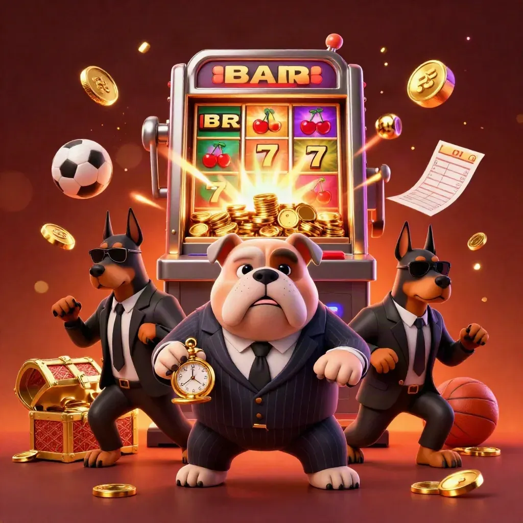Bulldog mafia dan dua doberman dikelilingi slot, koin, bola, dan emas meledak